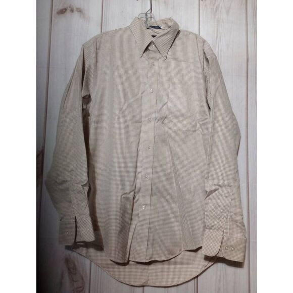 Land's End Shirt Men's Medium Tan White Button Front Long Sleeve Easy Care - Picture 1 of 8